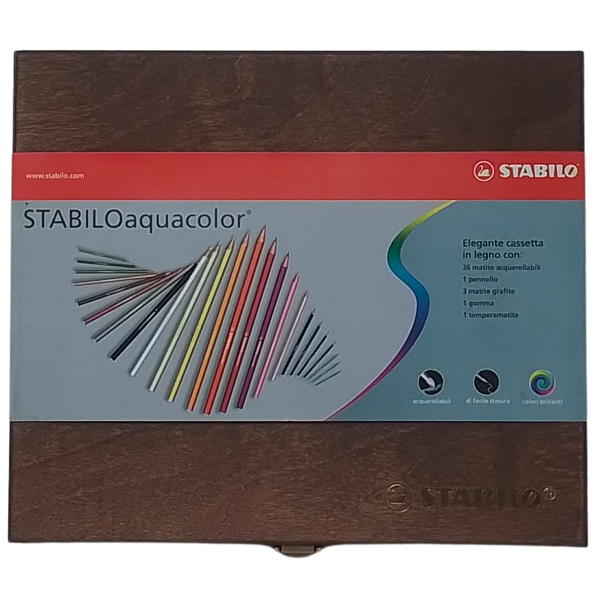 STABILO - AQUACOLOR CONF. 36 MATITE ACQUERELLABILI + PENNELLO + MATITE GRAFITE + GOMMA + TEMPERAMATITE