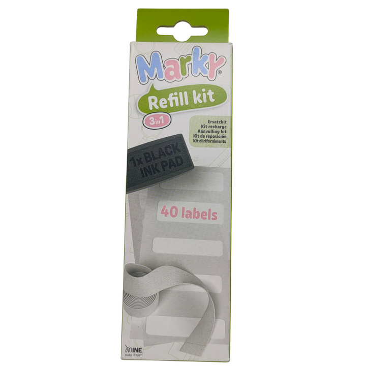 5463:MARKY - REFILL KIT 3 IN 1, 40 ETICHETTE LAVABILI, NASTRO TERMOADESIVO, TAMPONE NERO