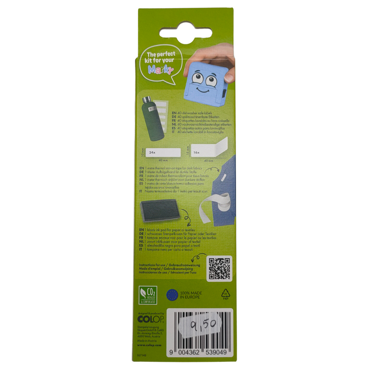5464:MARKY - REFILL KIT 3 IN 1, 40 ETICHETTE LAVABILI, NASTRO TERMOADESIVO, TAMPONE NERO