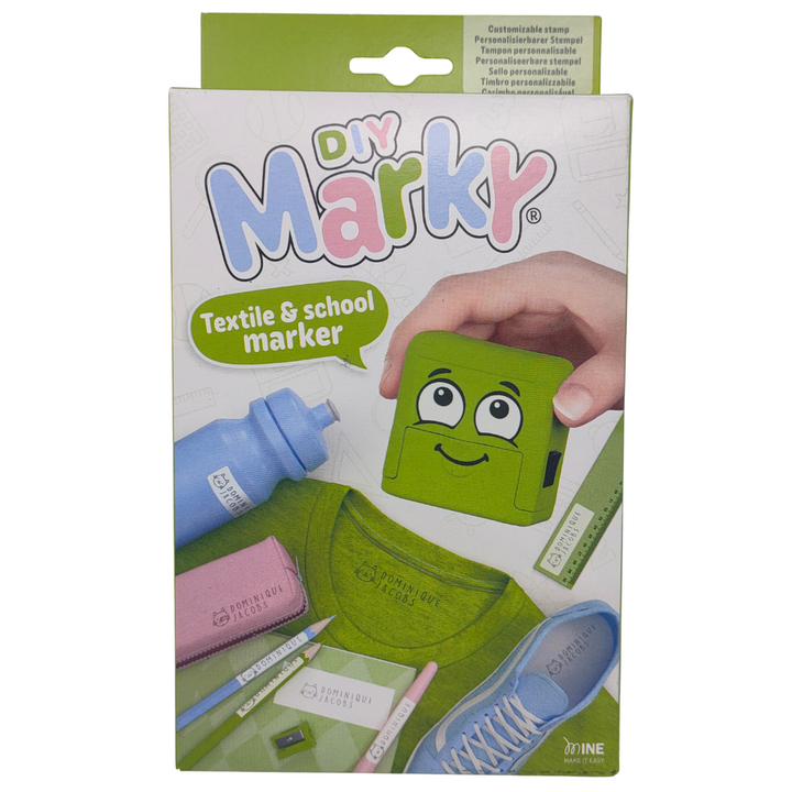 5469:MARKY - TEXTILE&SCHOOL MARKER SET TIMBRO, 20 ETICHETTE LAVABILI, NASTRO FUSIBILE, SET CON IMMAGINI E LETTERE + PINZETTA